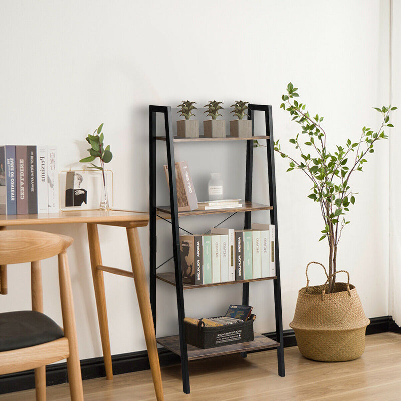 4-Tier Industrial Ladder Shelf with Metal Frame