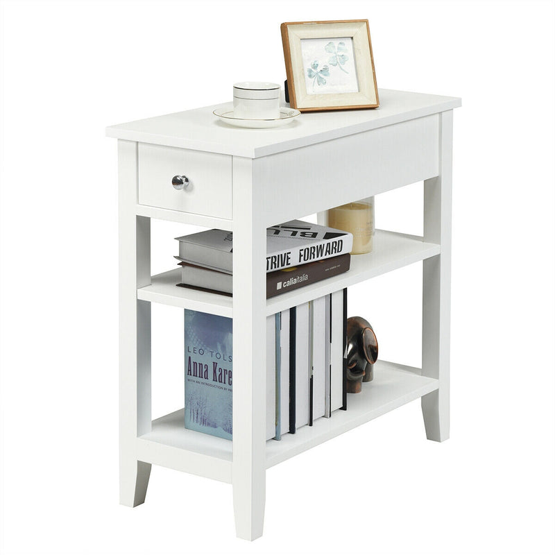 3-Tier Nightstand Bedside Table Sofa Side with Double Shelves Drawer-White