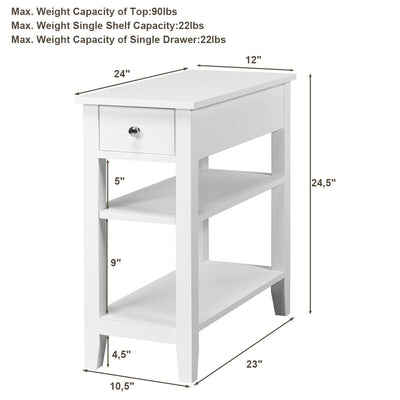 3-Tier Nightstand Bedside Table Sofa Side with Double Shelves Drawer-White