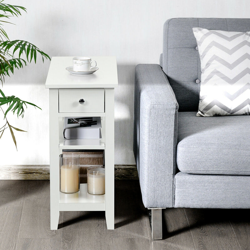 3-Tier Nightstand Bedside Table Sofa Side with Double Shelves Drawer-White