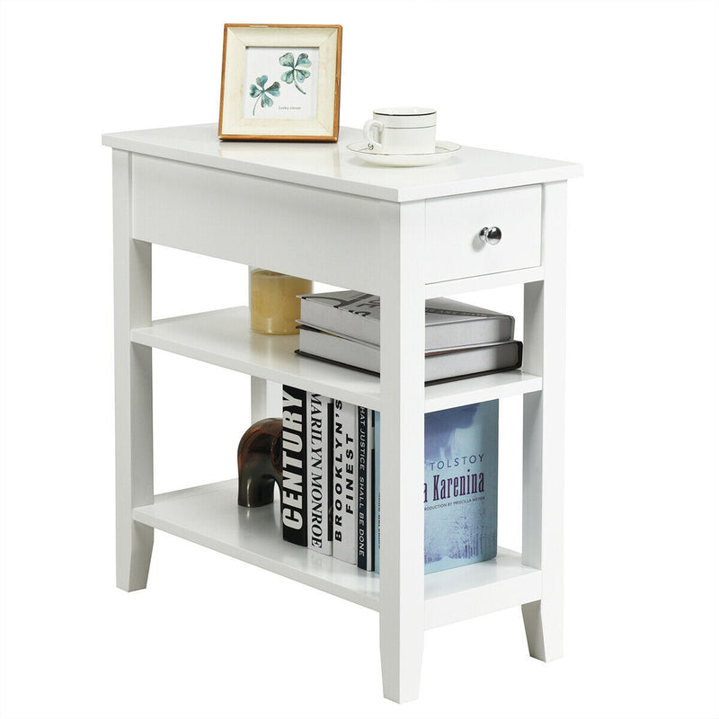 3-Tier Nightstand Bedside Table Sofa Side with Double Shelves Drawer-White