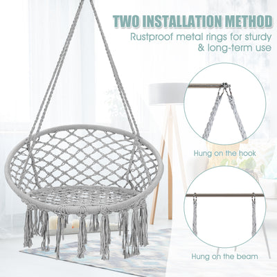 Hanging Macrame Hammock Chair with Handwoven Cotton Backrest-Gray