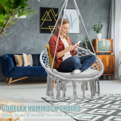 Hanging Macrame Hammock Chair with Handwoven Cotton Backrest-Gray