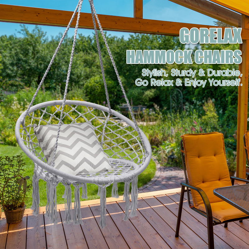 Hanging Macrame Hammock Chair with Handwoven Cotton Backrest-Gray