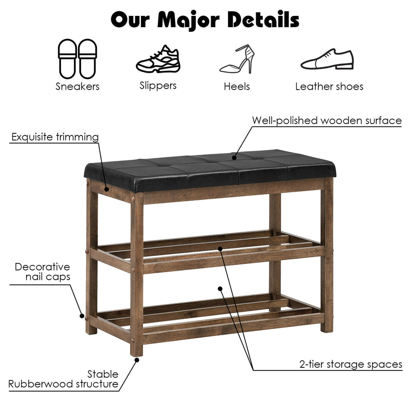 2-Tier Wooden Shoe Rack Bench with Padded Seat-Brown