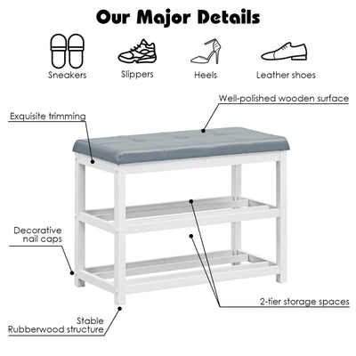 2-Tier Wooden Shoe Rack Bench with Padded Seat-White