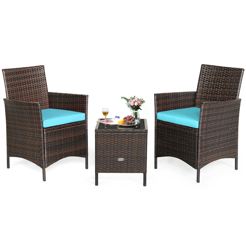 3Pcs Patio Rattan Furniture Set Cushioned Sofa and Glass Tabletop Deck-Blue