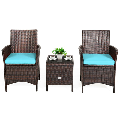 3Pcs Patio Rattan Furniture Set Cushioned Sofa and Glass Tabletop Deck-Blue