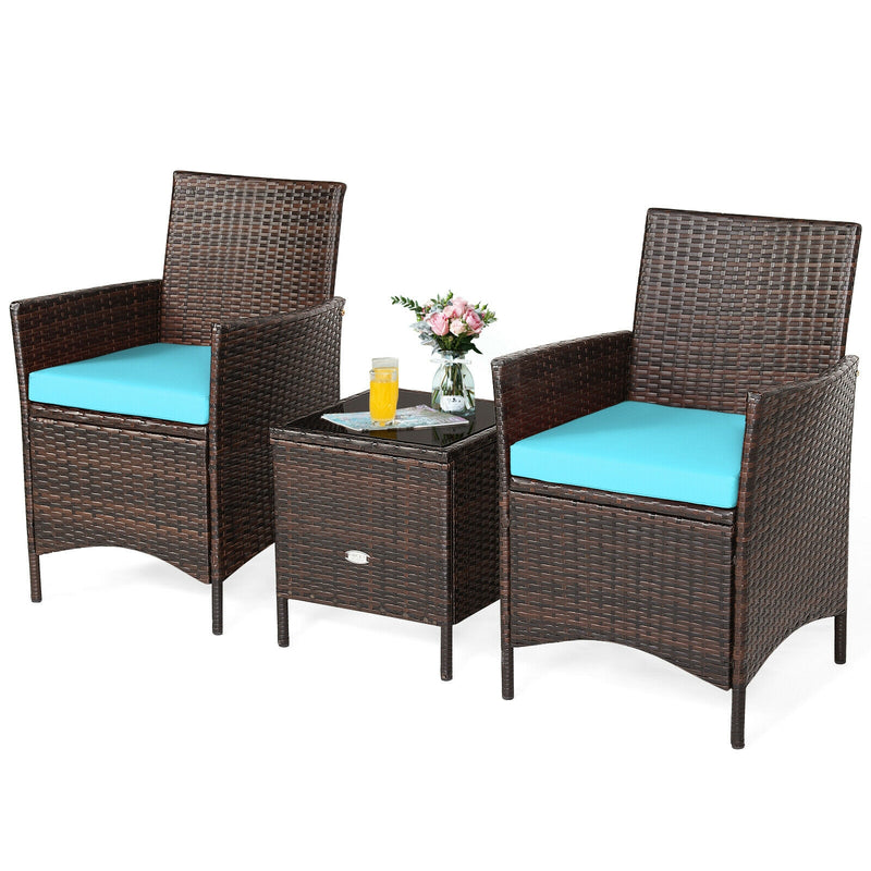 3Pcs Patio Rattan Furniture Set Cushioned Sofa and Glass Tabletop Deck-Blue