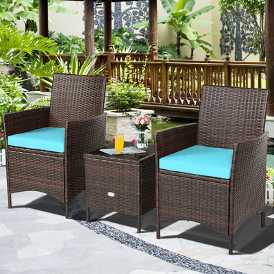 3Pcs Patio Rattan Furniture Set Cushioned Sofa and Glass Tabletop Deck-Blue