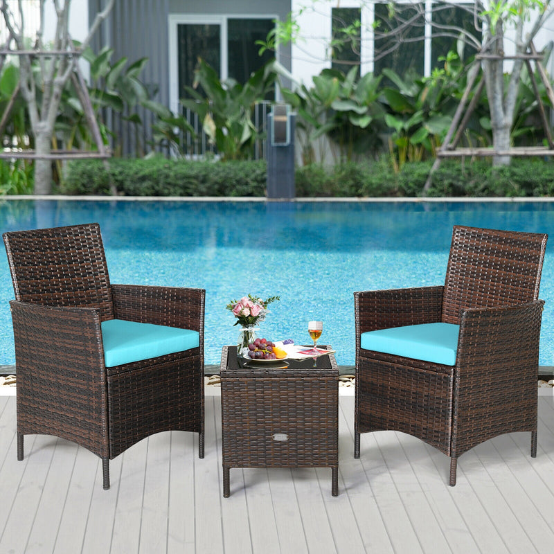 3Pcs Patio Rattan Furniture Set Cushioned Sofa and Glass Tabletop Deck-Blue