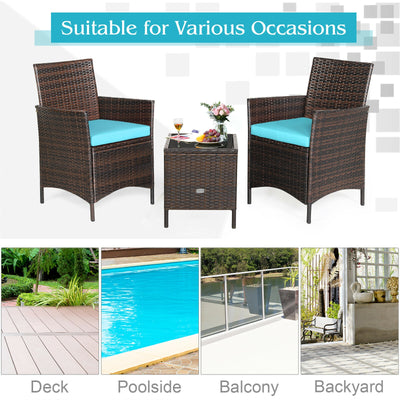 3Pcs Patio Rattan Furniture Set Cushioned Sofa and Glass Tabletop Deck-Blue