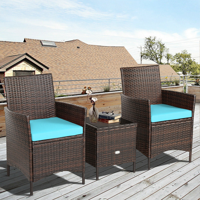 3Pcs Patio Rattan Furniture Set Cushioned Sofa and Glass Tabletop Deck-Blue