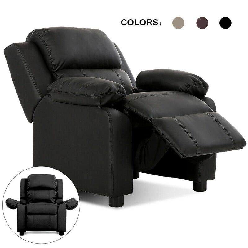 Kids Deluxe Headrest  Recliner Sofa Chair with Storage Arms-Black