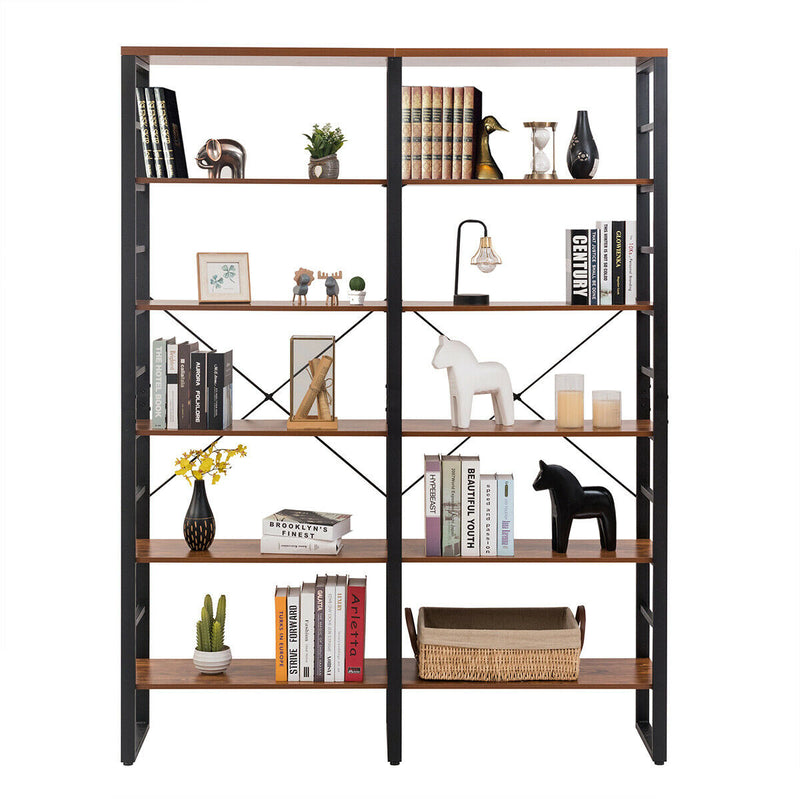 80.7 Inch Double Wide 6-Shelf Bookcase Industrial Metal Storage Shelf