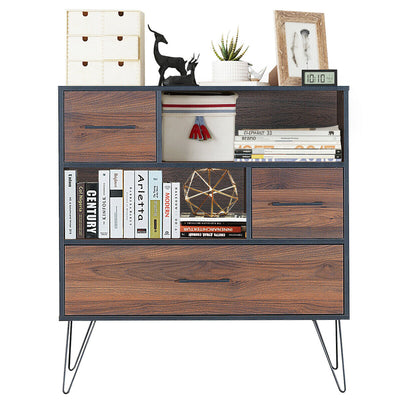 3-Tier Wood Storage Cabinet with Drawers and 4 Metal Legs