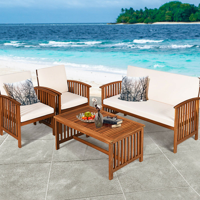 4PCS Patio Solid Wood Furniture Set-Beige