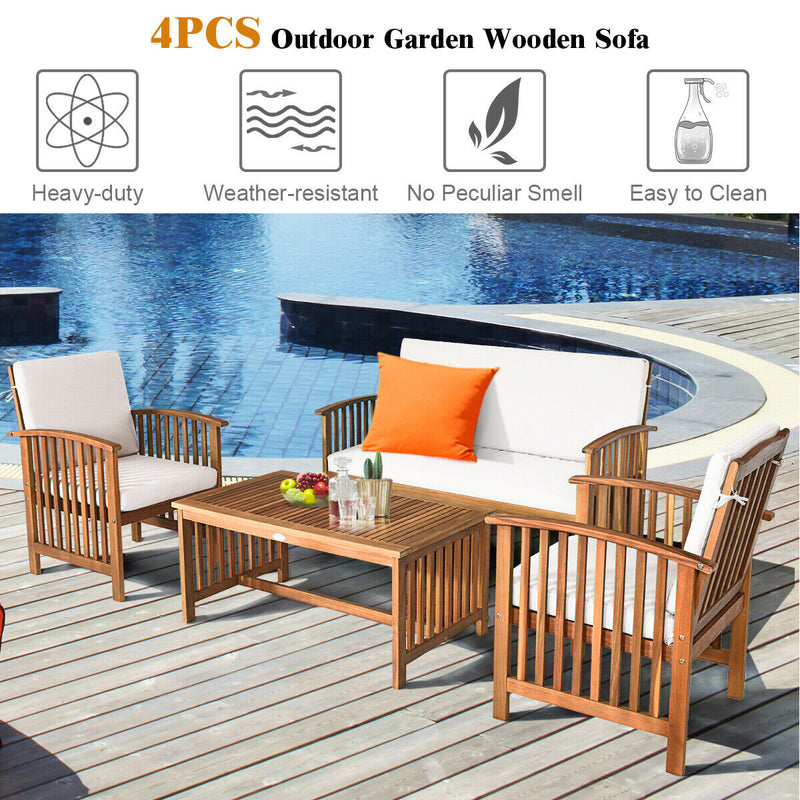 4PCS Patio Solid Wood Furniture Set-Beige