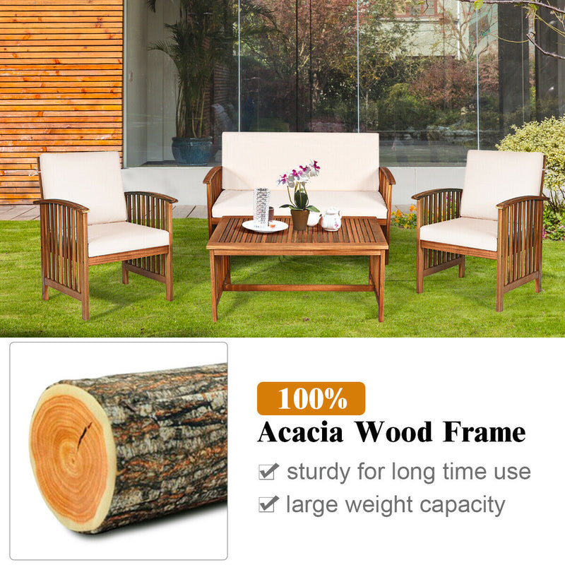 4PCS Patio Solid Wood Furniture Set-Beige