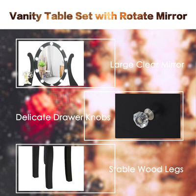 10 Dimmable Lights Vanity Table Set with Lighted Mirror and Cushioned Stool-Black