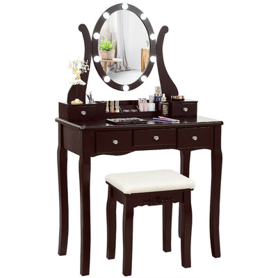 10 Dimmable Lights Vanity Table Set with Lighted Mirror and Cushioned Stool-Brown