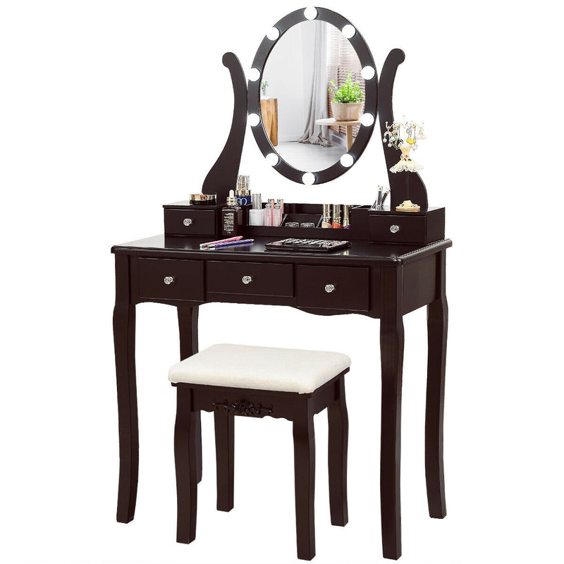 10 Dimmable Lights Vanity Table Set with Lighted Mirror and Cushioned Stool-Brown