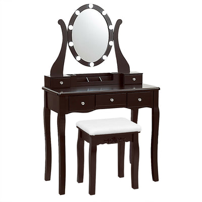 10 Dimmable Lights Vanity Table Set with Lighted Mirror and Cushioned Stool-Brown