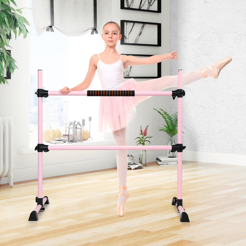 4 Feet Portable Freestanding Stable Construction Pilates Ballet Barre with Double Dance Bar-Pink