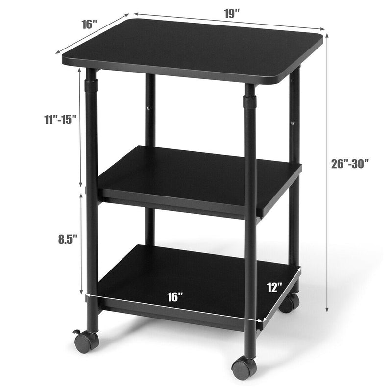 3-tier Adjustable Printer Stand with 360° Swivel Casters-Black