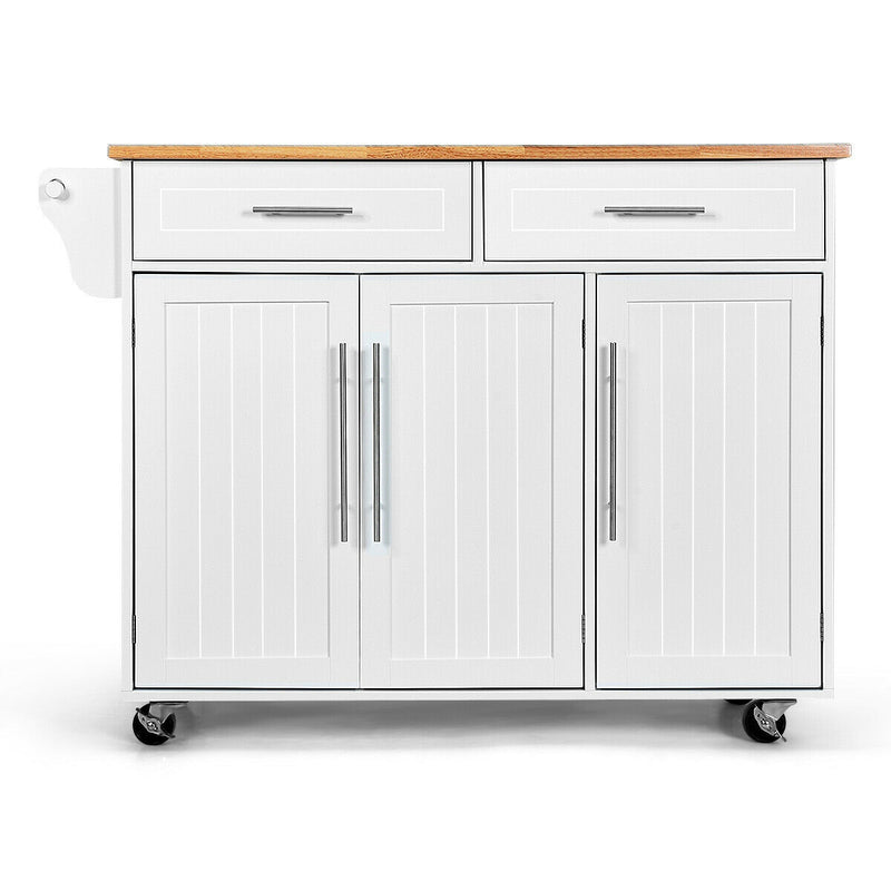 Kitchen Island Trolley Cart Wood Top Rolling Storage Cabinet-White