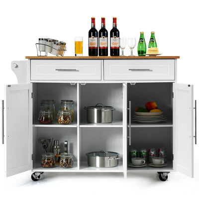 Kitchen Island Trolley Cart Wood Top Rolling Storage Cabinet-White