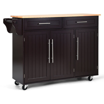 Kitchen Island Trolley Wood Top Rolling Storage Cabinet Cart with Knife Block-Brown