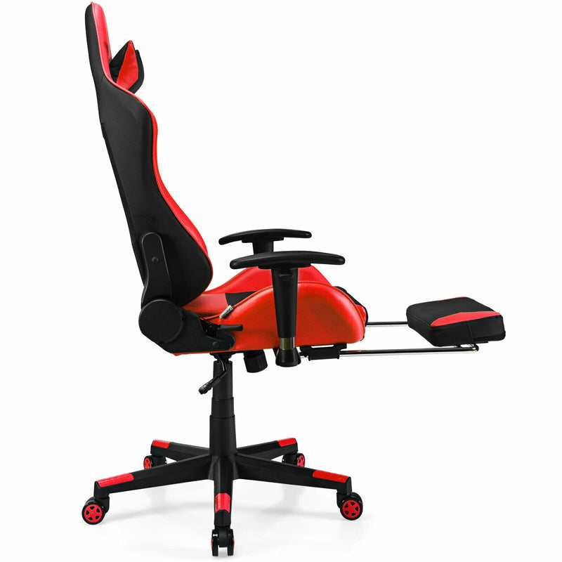 PU Leather Gaming Chair with USB Massage Lumbar Pillow and Footrest-Red