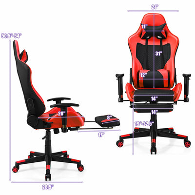 PU Leather Gaming Chair with USB Massage Lumbar Pillow and Footrest-Red