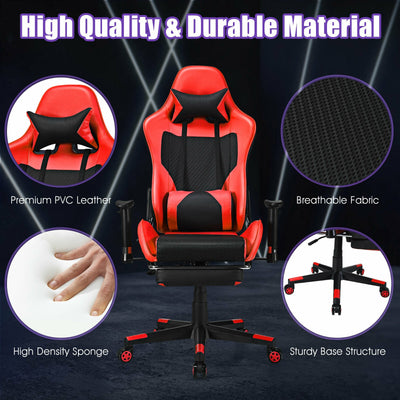 PU Leather Gaming Chair with USB Massage Lumbar Pillow and Footrest-Red