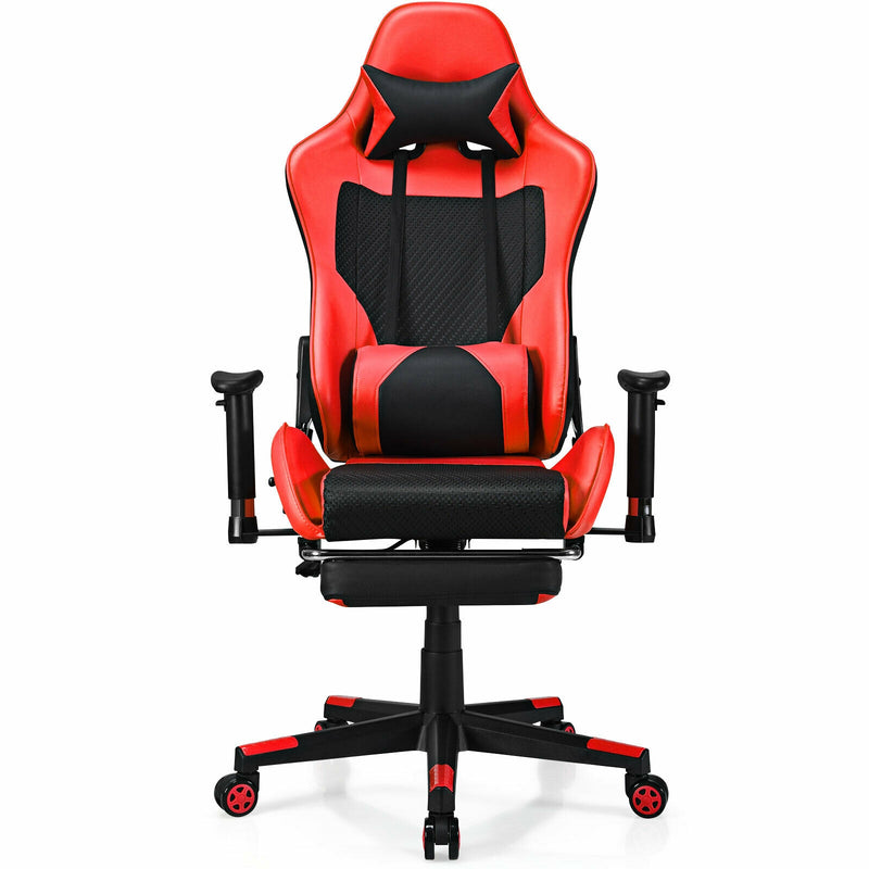 PU Leather Gaming Chair with USB Massage Lumbar Pillow and Footrest-Red