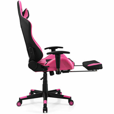 PU Leather Gaming Chair with USB Massage Lumbar Pillow and Footrest-Pink