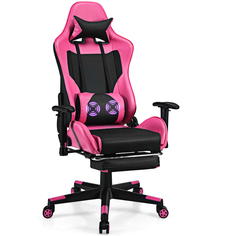 PU Leather Gaming Chair with USB Massage Lumbar Pillow and Footrest-Pink