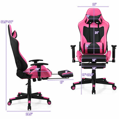 PU Leather Gaming Chair with USB Massage Lumbar Pillow and Footrest-Pink