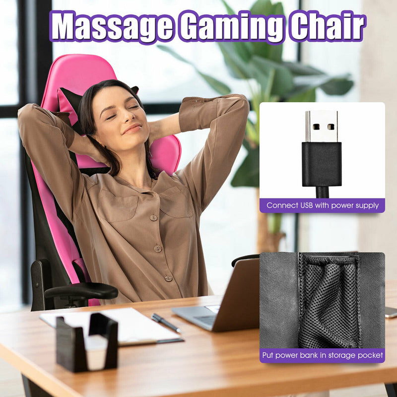 PU Leather Gaming Chair with USB Massage Lumbar Pillow and Footrest-Pink