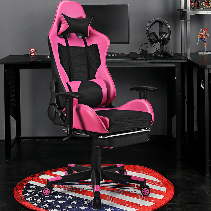 PU Leather Gaming Chair with USB Massage Lumbar Pillow and Footrest-Pink