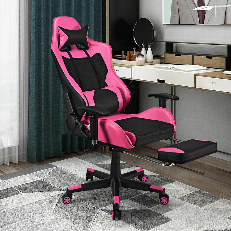 PU Leather Gaming Chair with USB Massage Lumbar Pillow and Footrest-Pink