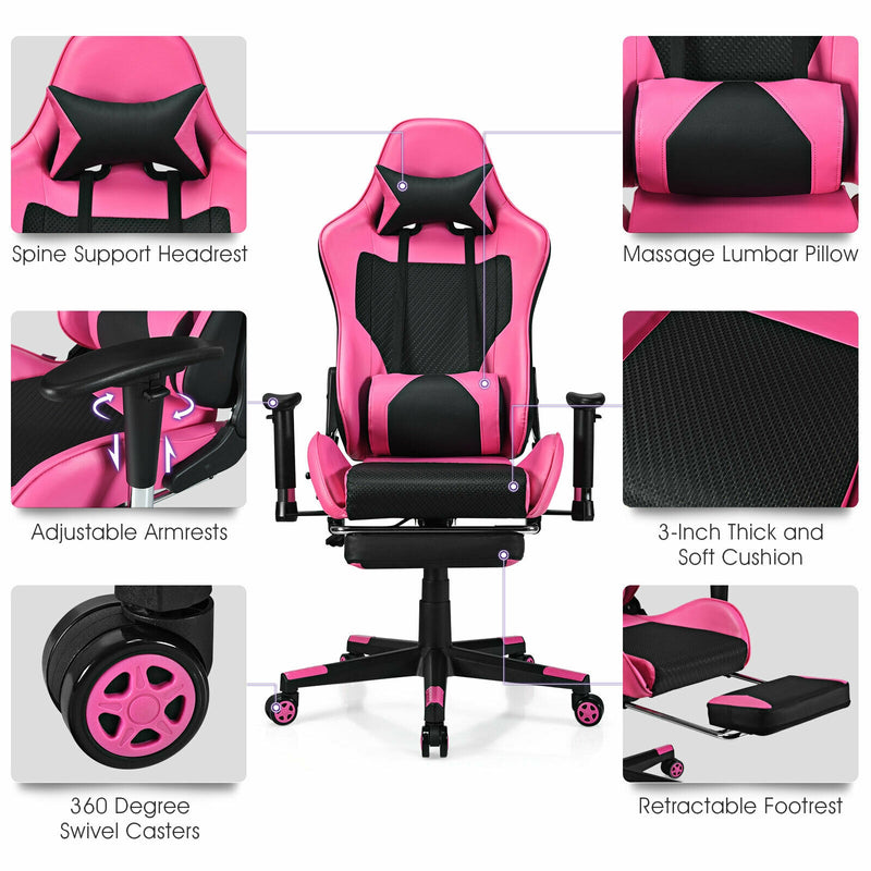 PU Leather Gaming Chair with USB Massage Lumbar Pillow and Footrest-Pink