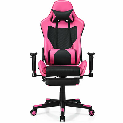 PU Leather Gaming Chair with USB Massage Lumbar Pillow and Footrest-Pink