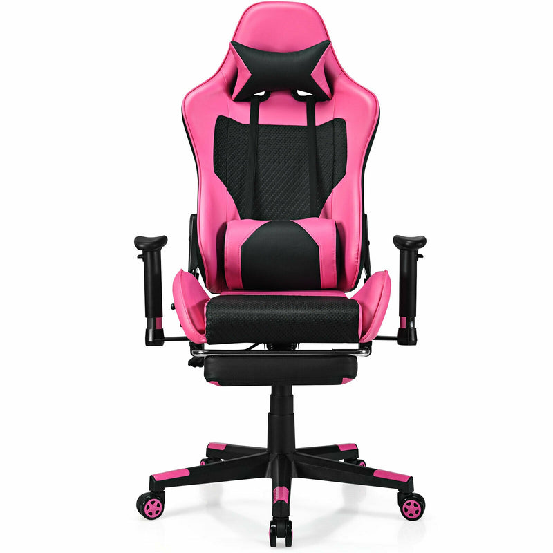 PU Leather Gaming Chair with USB Massage Lumbar Pillow and Footrest-Pink