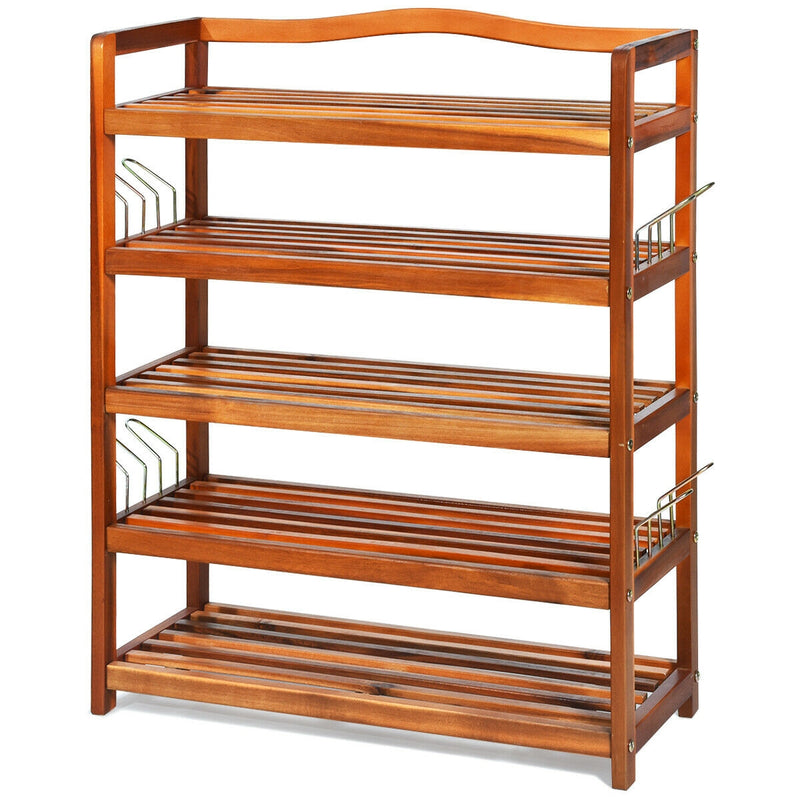 5-Tier Acacia Wood Shoe Rack with Side Metal Hooks