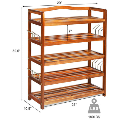 5-Tier Acacia Wood Shoe Rack with Side Metal Hooks