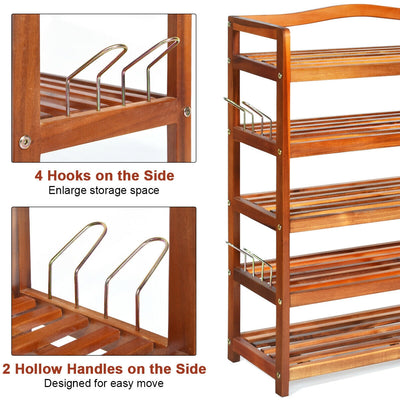 5-Tier Acacia Wood Shoe Rack with Side Metal Hooks