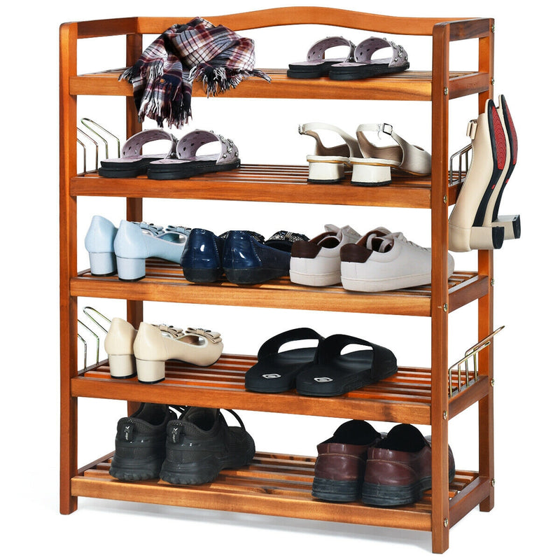 5-Tier Acacia Wood Shoe Rack with Side Metal Hooks