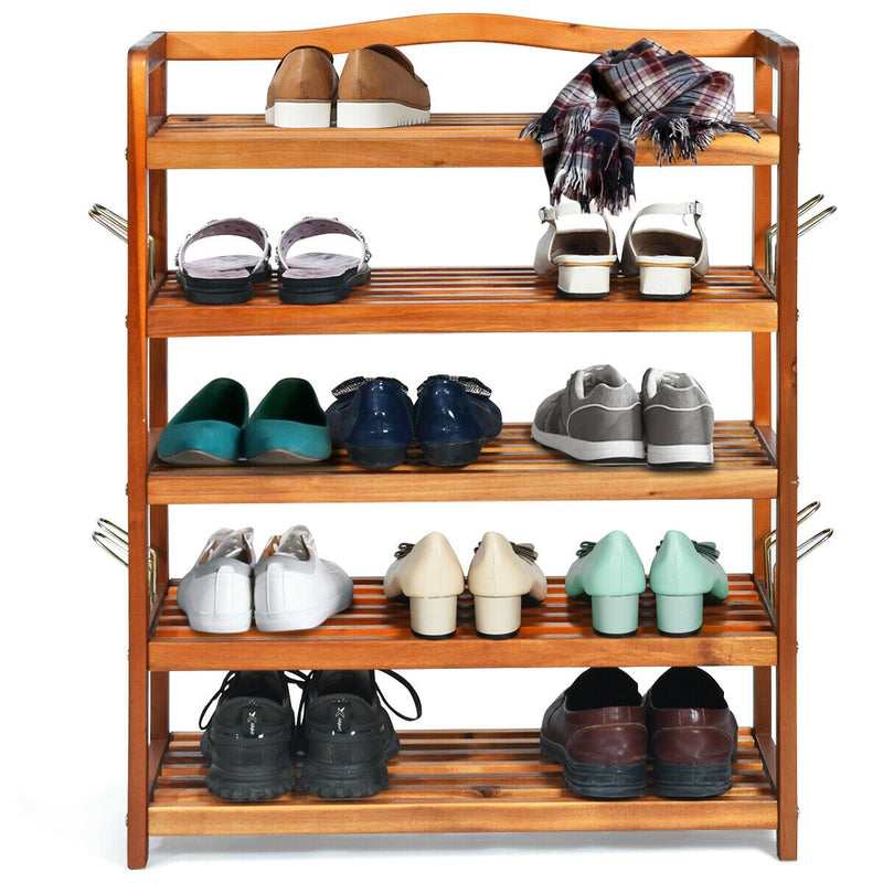 5-Tier Acacia Wood Shoe Rack with Side Metal Hooks